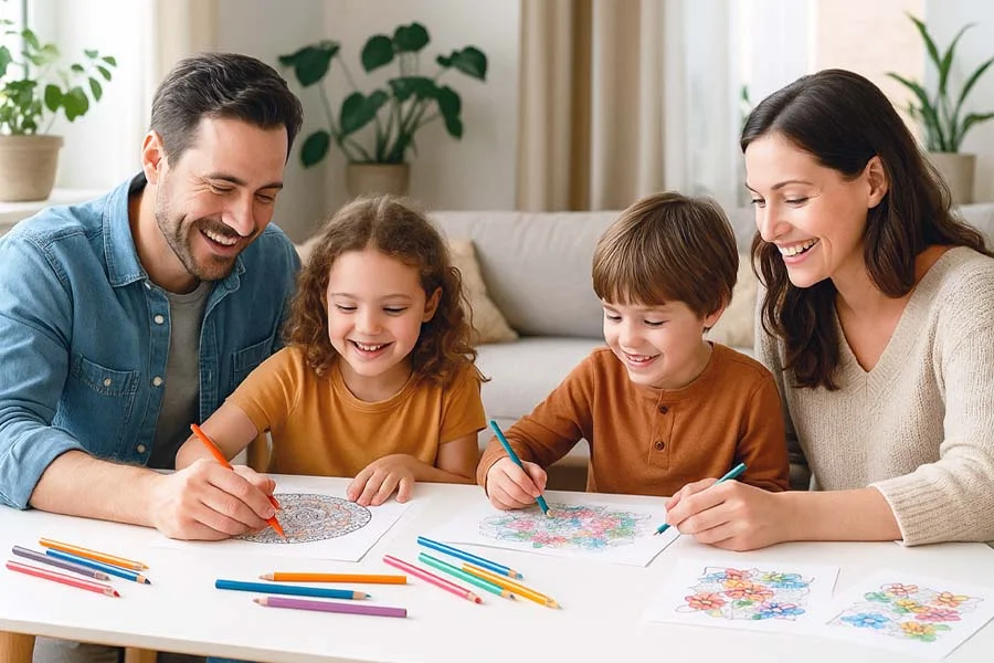 Family coloring together at home